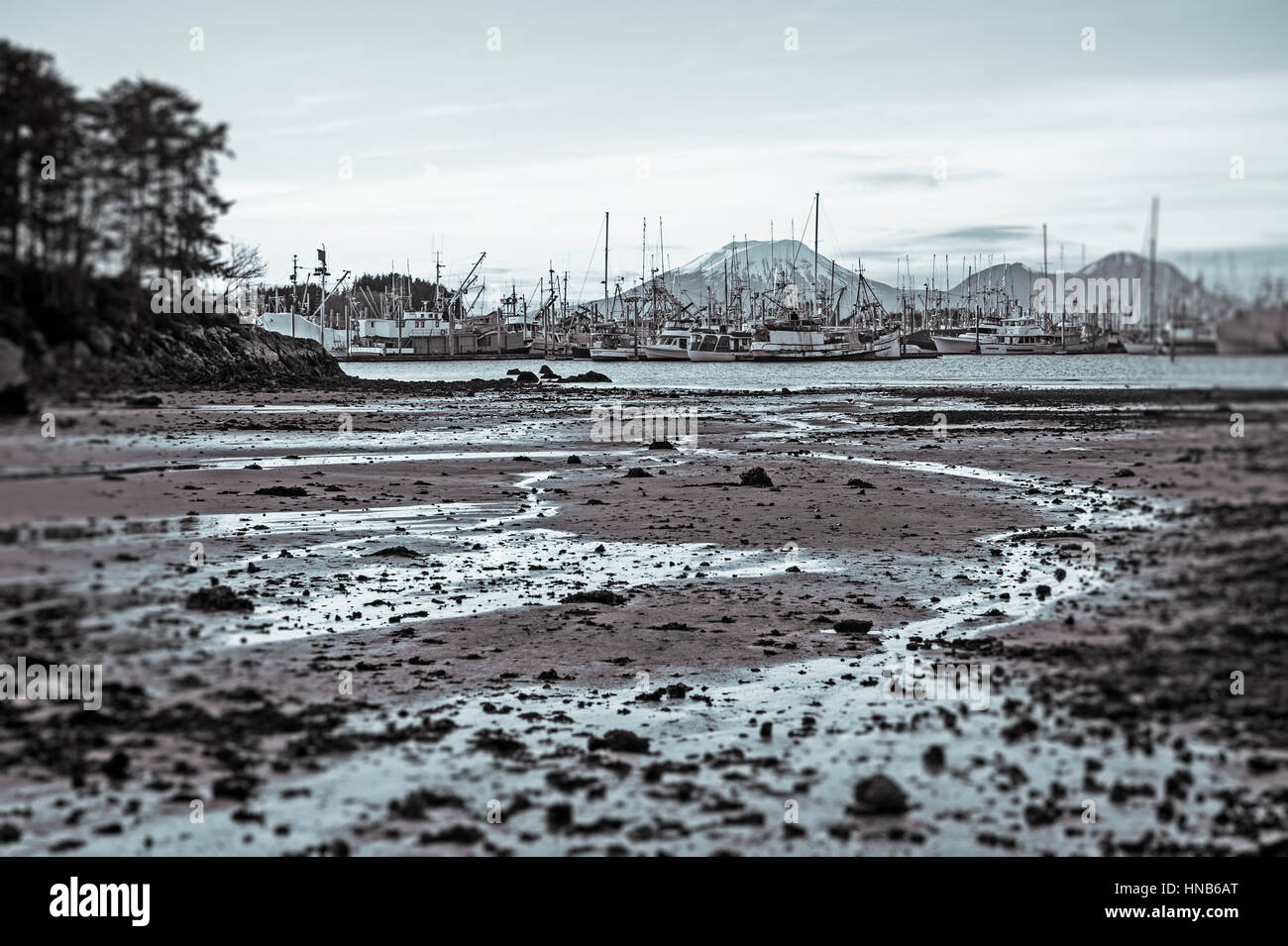 Thomsen Hafen mit Mount Edgecumbe hinter in Sitka, Alaska, USA. Fotografie von Jeffrey Wickett, NorthLight Fotografie.  https://Northlight.Blog Stockfoto