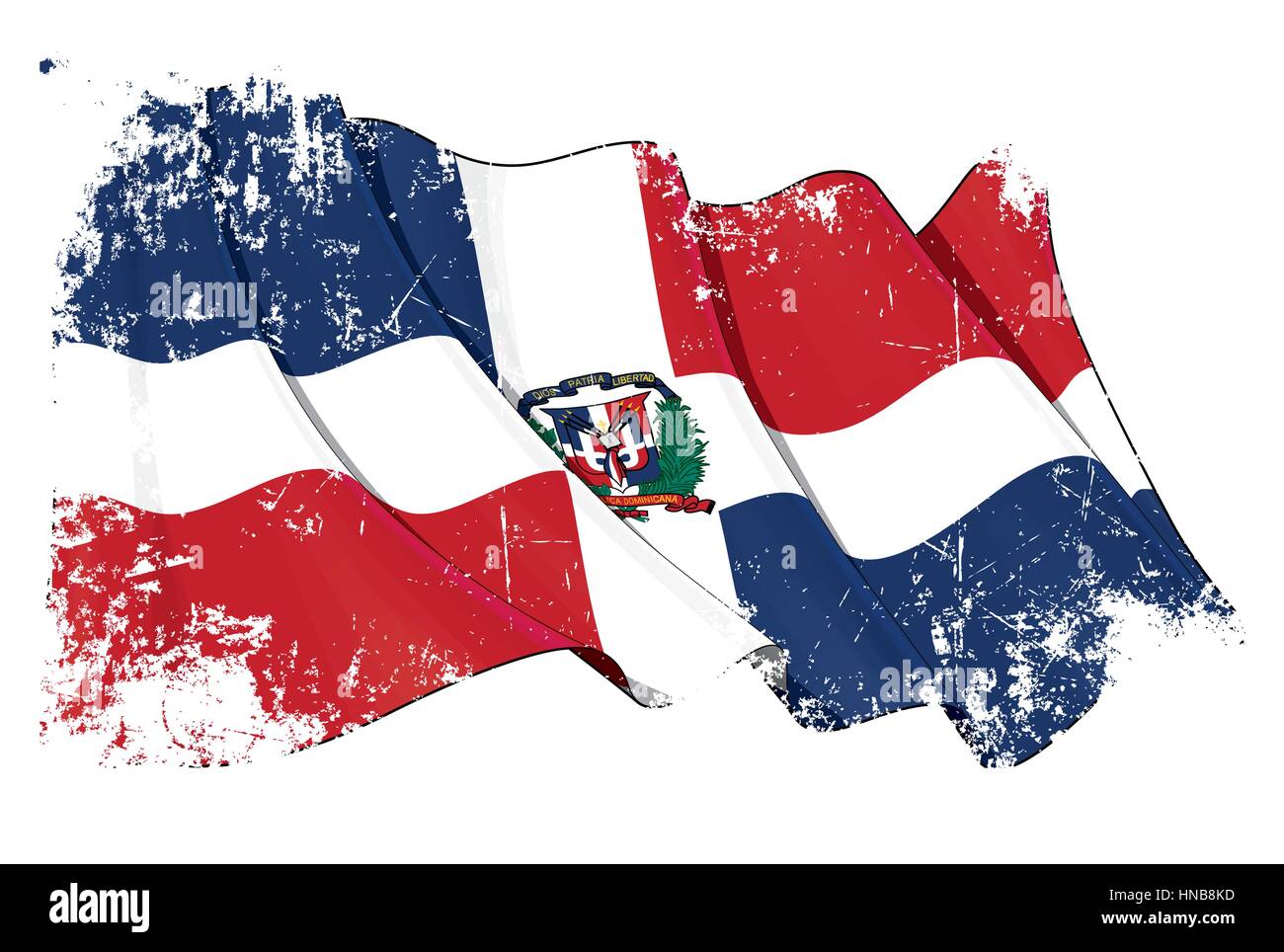 Grunge-Vektor-Illustration einer wehenden Flagge Dominikanische Republik. Alle Elemente übersichtlich organisiert. Textur, Linien, Schattierungen & Flagge Farben auf separaten laye Stock Vektor