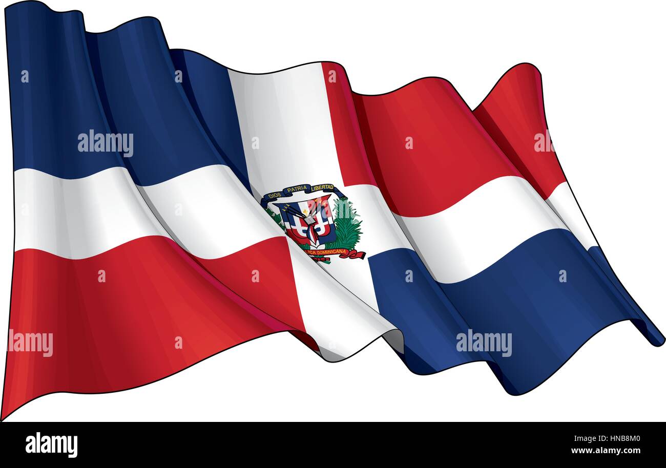 Vektor-Illustration einer wehenden Flagge Dominikanische Republik. Alle Elemente übersichtlich organisiert. Linien, Schattierungen & Flagge Farben auf separate Ebenen für einfach bearbeiten Stock Vektor