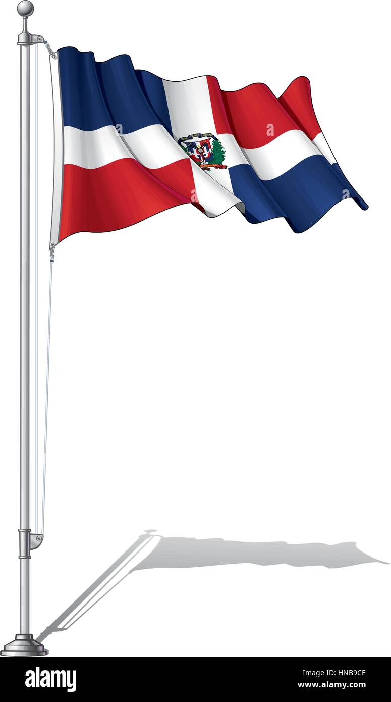Vektor-Illustration einer winkenden Dominikanische Flagge auf einem Fahnenmast befestigen. Fahne und Mast in separate Schichten, Strichzeichnungen, Schattierung und Farbe fein säuberlich in Gruppen f Stock Vektor