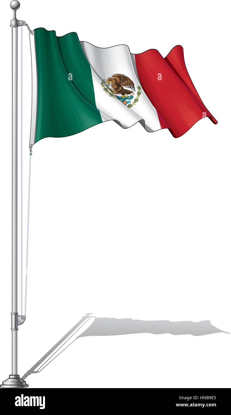 Vektor-Illustration einer winkenden mexikanischen Flagge auf einem Fahnenmast befestigen. Fahne und Mast in separate Schichten, Strichzeichnungen, Schattierung und Farbe fein säuberlich in Gruppen für Stock Vektor