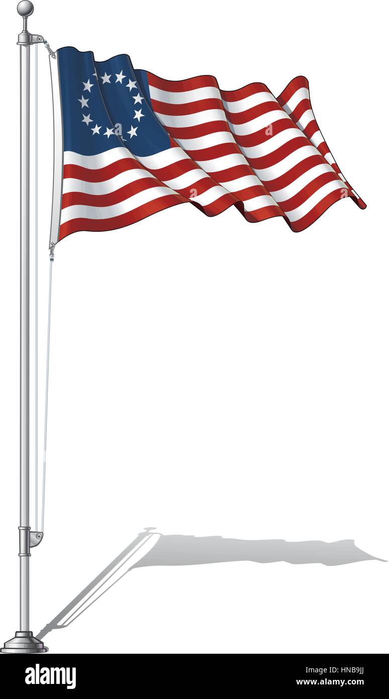 Vektor-Illustration der ein winken US Betsy Ross Flag in einer Clean-Cut und eine alte Version, auf einem Mast zu befestigen. Beide Versionen sind im Ort in separaten Gr Stock Vektor