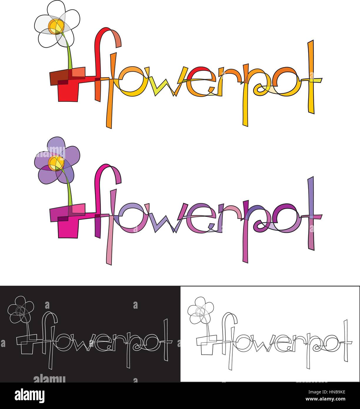 Logo-Design mit einem Blumentopf, erstellt von einer geschlossenen Linie und Formen, die es schafft in zwei Varianten gefärbt; eine gelbe und eine lila. Stock Vektor