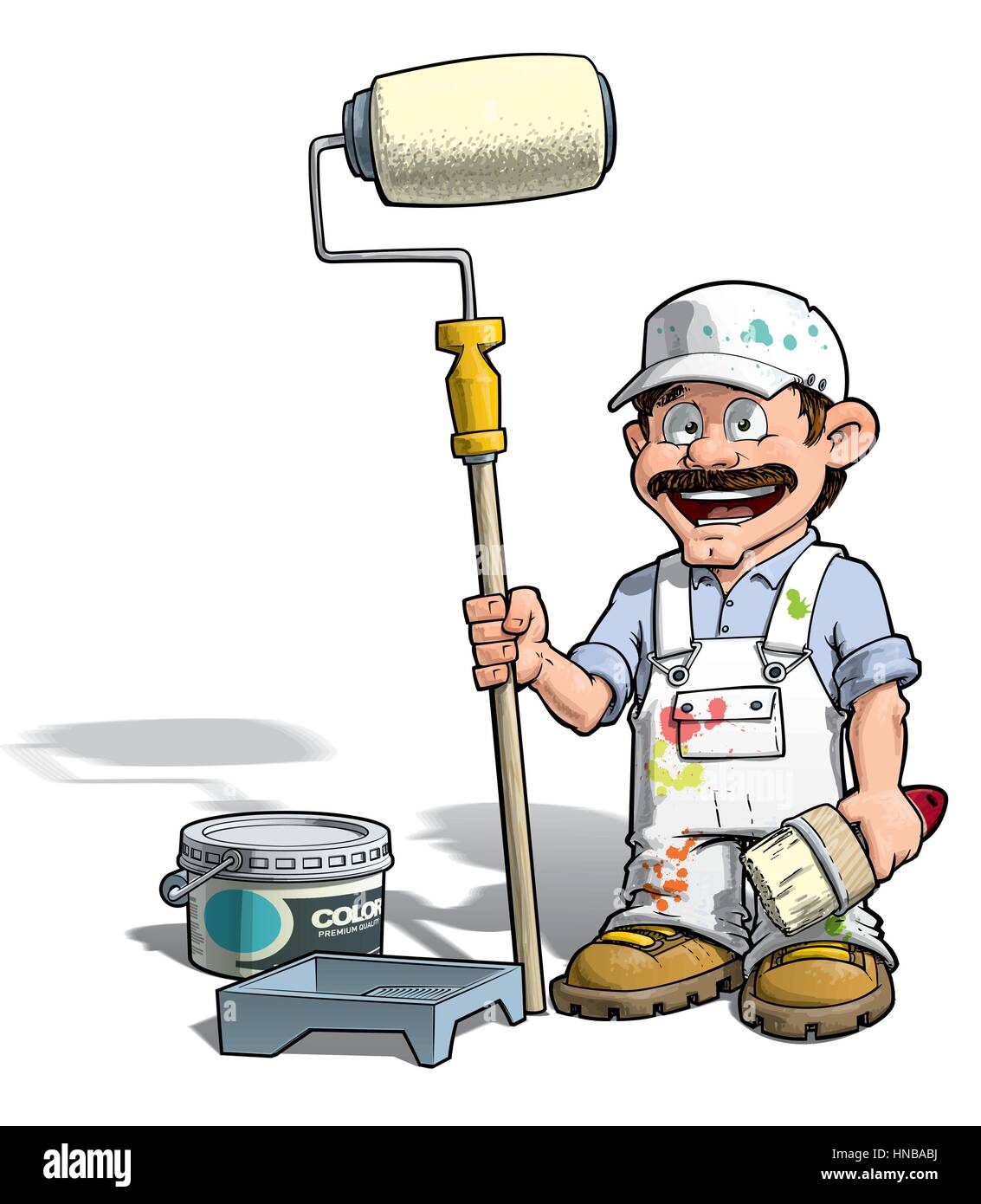 Comic-Illustration ein Handwerker - Maler steht ein Farbeimer & eine