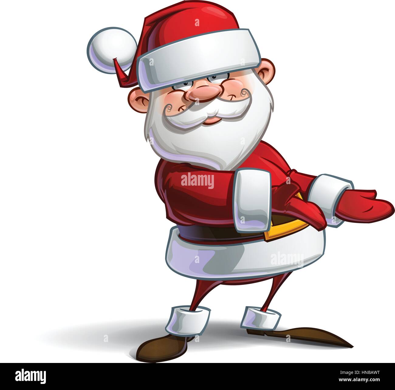 Cartoon-Vektor-Illustration von lächelnden Weihnachtsmann präsentiert beim Betrachten Sie mit einem einladenden Ausdruck. Linien, Schatten, Lichter, Farbe & Dro Stock Vektor