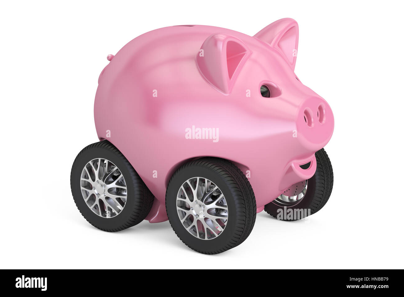 Sparschwein auf Pkw-Räder, 3D-Rendering isolierten auf weißen Hintergrund Stockfoto