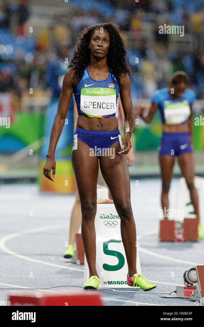 Rio De Janeiro, Brasilien. 18. August 2016.  Leichtathletik, Ashley Spencer (USA) im Wettbewerb der Frauen 400m Hürden Finale bei den Olympischen Sommerspielen 2016 Stockfoto