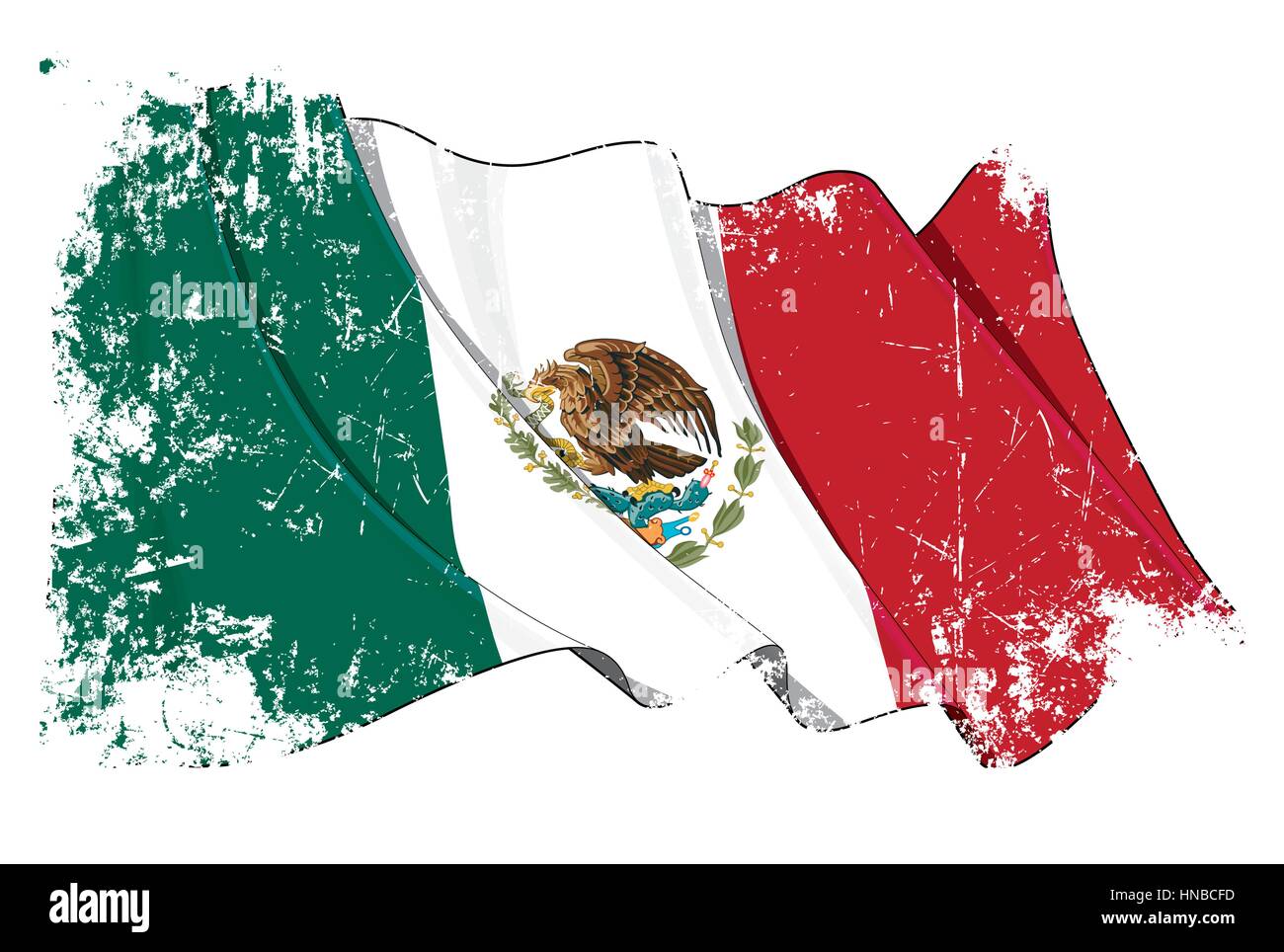 Grunge-Vektor-Illustration einer winkenden mexikanischen Flagge. Alle Elemente übersichtlich organisiert. Textur, Linien, Schattierungen & Flagge Farben auf trennen lagen für leicht Stock Vektor