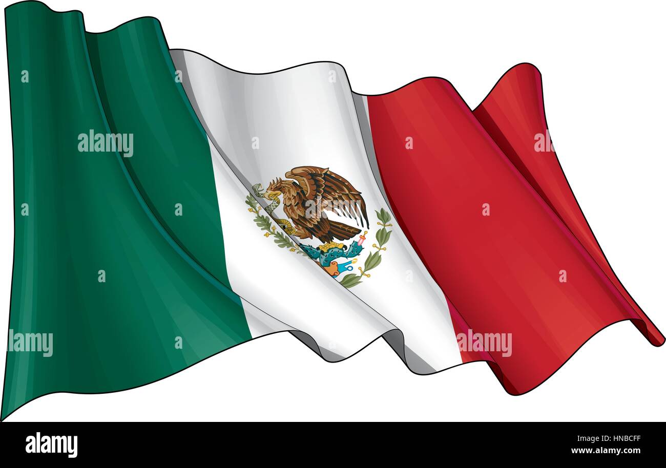 Vektor-Illustration einer winkenden mexikanischen Flagge. Alle Elemente übersichtlich organisiert. Linien, Schattierungen & Flagge Farben auf verschiedenen Ebenen für die einfache Bearbeitung. Stock Vektor