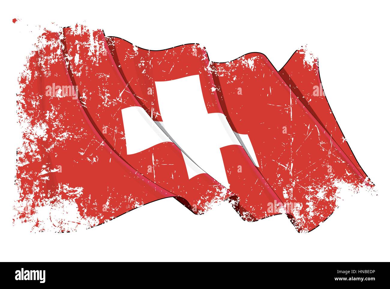 Grunge-Vektor-Illustration einer winkenden Schweizer Flagge. Alle Elemente übersichtlich organisiert. Textur, Linien, Schattierungen & Flagge Farben auf separate Ebenen für einfach ed Stock Vektor