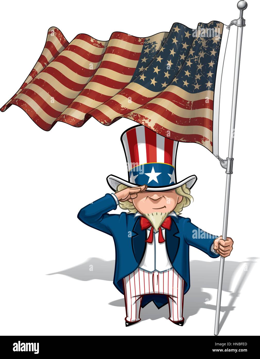 Vector Cartoon Illustration von Uncle Sam salutieren und hält eine 48 Sterne amerikanische Fahne. Dies war die US-Flagge während der Weltkriege und des Koreakrieges. Stock Vektor