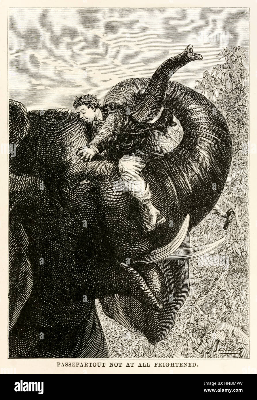 "Passepartout überhaupt nicht erschrocken." von "Around the World in Eighty Days" von Jules Verne (1828-1905), veröffentlicht im Jahre 1873 mit Illustrationen von Alphonse-Marie-Adolphe de Neuville (1835 – 1885) und Léon Benett (1839-1917) und Gravuren von Louis Dumont (geb. 1822) und Adolphe François Pannemaker (1822-1900). Stockfoto