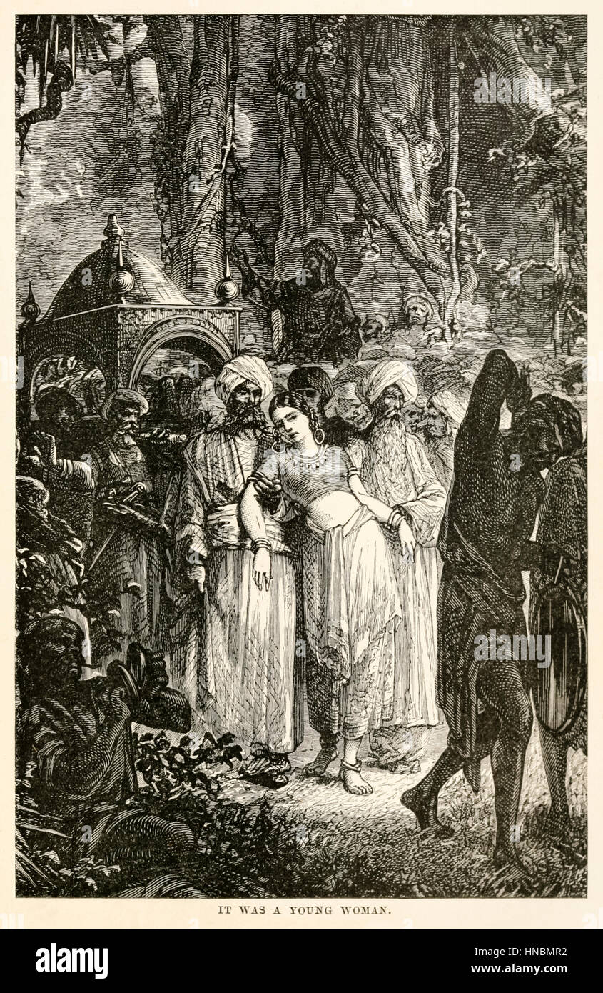 "Es war eine junge Frau." von "Around the World in Eighty Days" von Jules Verne (1828-1905), veröffentlicht im Jahre 1873 mit Illustrationen von Alphonse-Marie-Adolphe de Neuville (1835 – 1885) und Léon Benett (1839-1917) und Gravuren von Louis Dumont (geb. 1822) und Adolphe François Pannemaker (1822-1900). Stockfoto