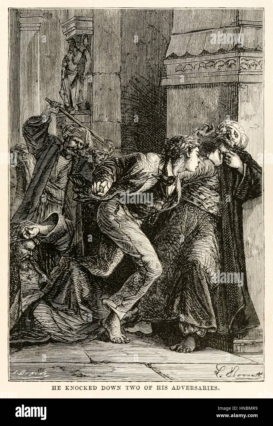 "Er klopfte zwei seiner Gegner." von "Around the World in Eighty Days" von Jules Verne (1828-1905), veröffentlicht im Jahre 1873 mit Illustrationen von Alphonse-Marie-Adolphe de Neuville (1835 – 1885) und Léon Benett (1839-1917) und Gravuren von Louis Dumont (geb. 1822) und Adolphe François Pannemaker (1822-1900). Stockfoto