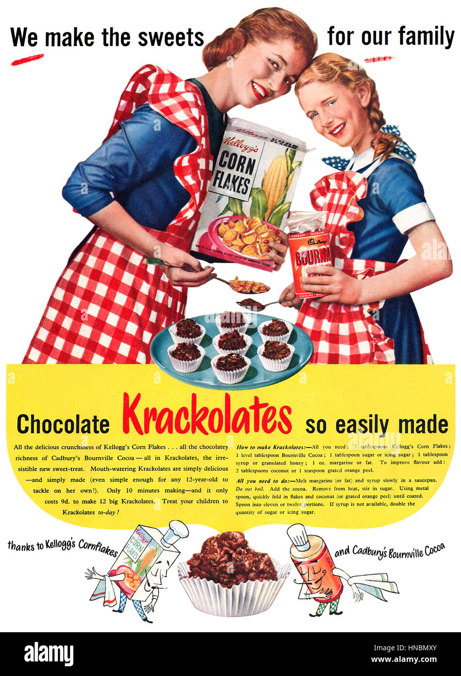 1953 britische Werbung für Kelloggs Cornflakes und Cadburys Bournville Kakao Stockfoto