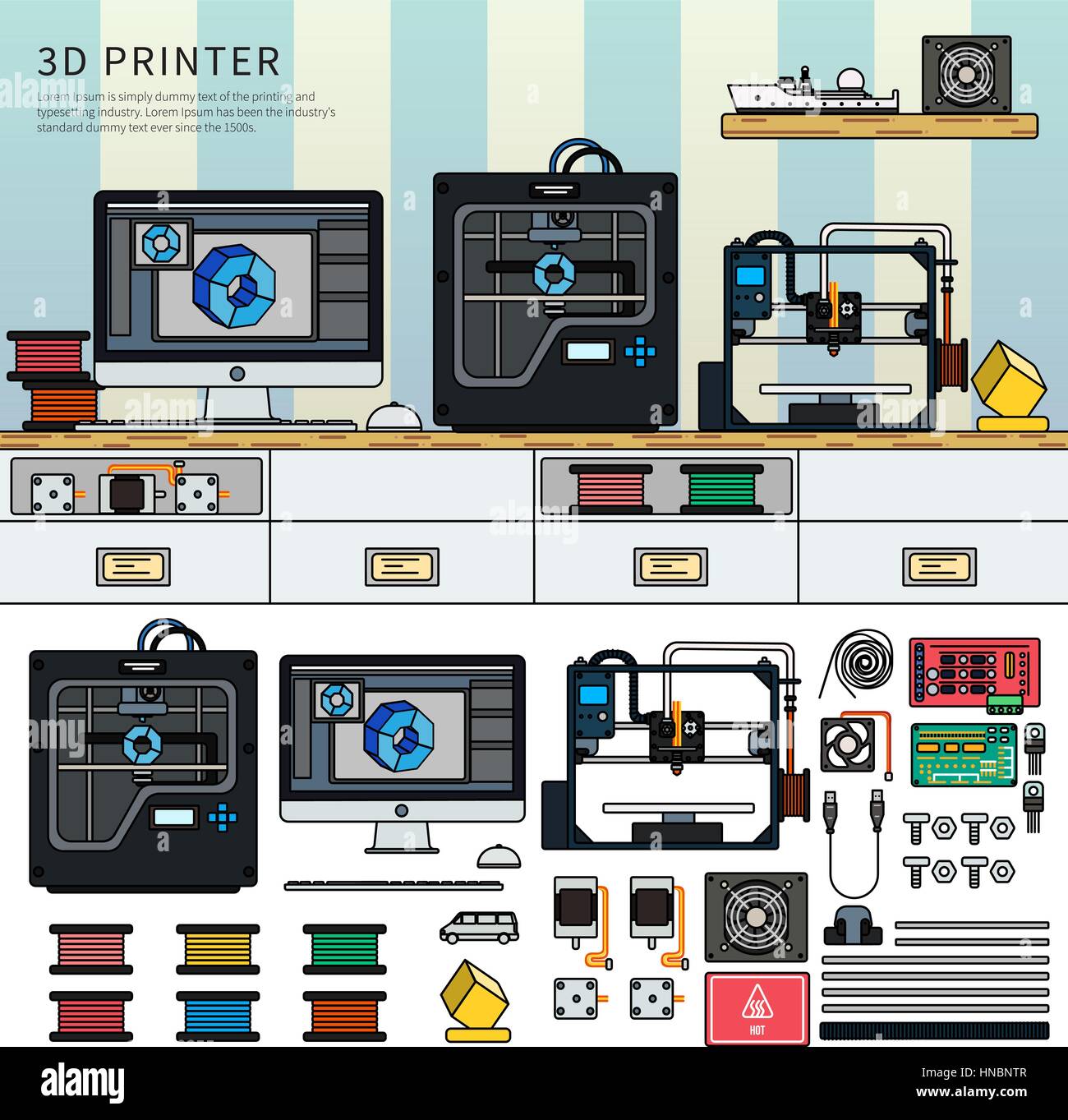 Werkzeuge für den 3D-Druck. Technologie-Konzept. Druck auf den Tisch gegen blaue Wand technische. Malt, Drucker, Computer, isoliert auf weißem bac-details Stock Vektor