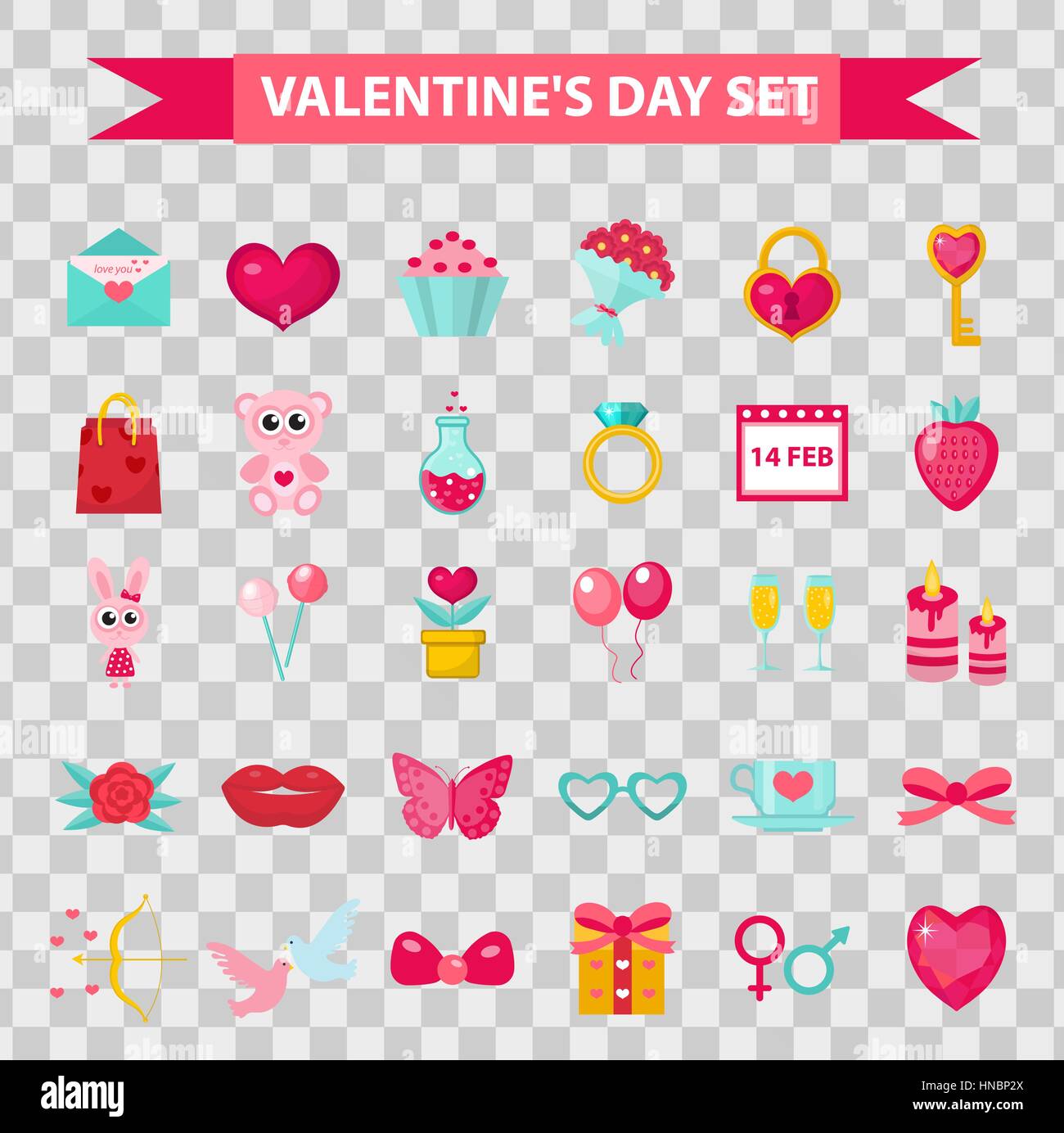 Valentinstag Symbole flachen Stil, isoliert auf transparentem Hintergrund. Vektor-Illustration. Stock Vektor