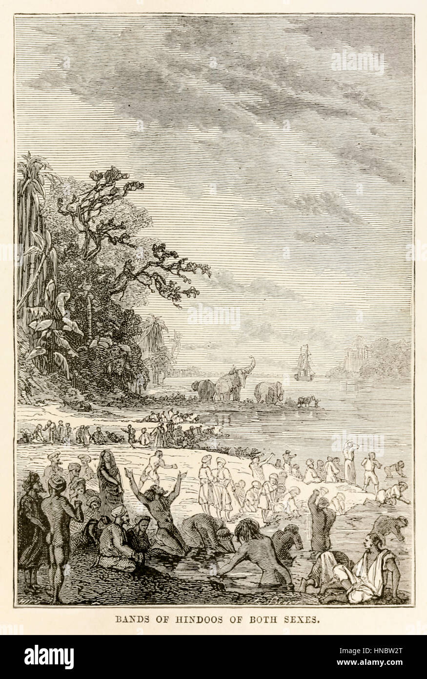 "Bands der Hindus von beiden Geschlechtern." aus "Around the World in Eighty Days" von Jules Verne (1828-1905) veröffentlichte im Jahre 1873 mit Illustrationen von Alphonse-Marie-Adolphe de Neuville (1835 – 1885) und Léon Benett (1839-1917) und Gravuren von Louis Dumont (geb. 1822) und Adolphe François Pannemaker (1822-1900). Stockfoto