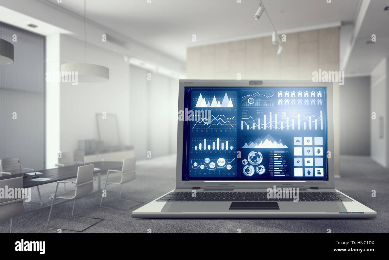 Modernes Buro Mit Grossen Laptop Und Infographs Auf Dem