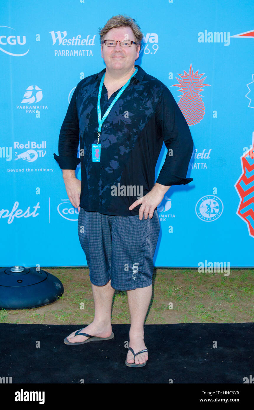 Sydney, Australien. 11. Februar 2017. Tropfest Short Filmfestival im Parramatta Park in Western Sydney. Im Bild ist Stephen Hunter Fuß und posiert auf dem schwarzen Teppich vor dem Filmfestival. Bildnachweis: Mjmediabox/Alamy Live-Nachrichten Stockfoto