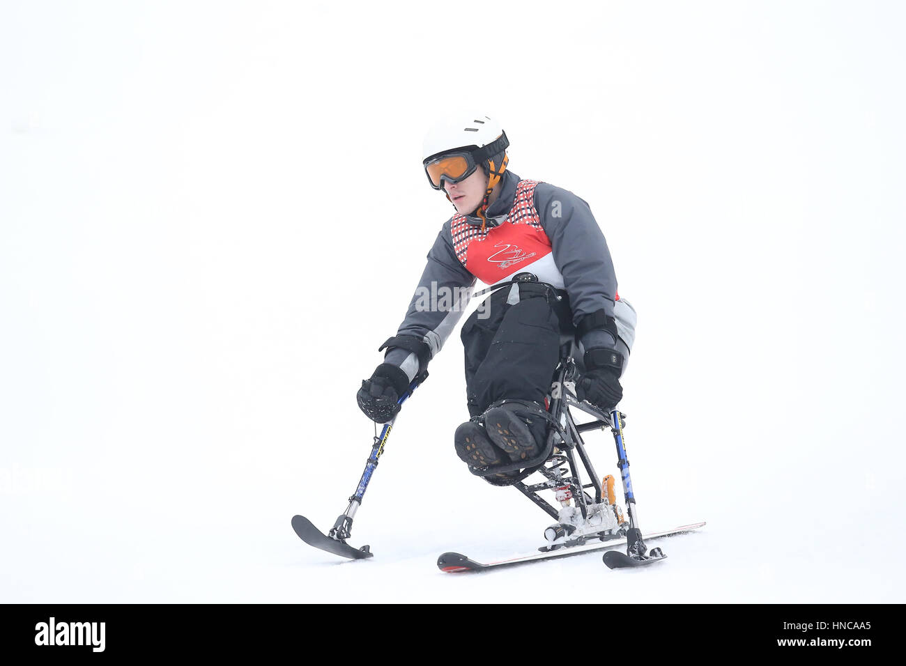 Ontario, Kanada. 11. Februar 2017. Die Ontario Parasport Spiele Alpin-Ski-Event fand am Samstag, 11. Februar 2017 Bolar Berg statt.  Athleten mit körperlicher Behinderung bewarben sich im stehen und sitzen-Skiern, auch die sehbehinderte Athleten auf Skiern hinunter mit einem Reiseführer-Skifahrer. Alle 9 Teilnehmer ging bergab 2 mal einige Athleten, die Geschwindigkeiten von 100 km/h erreichen. Die Ontario Parasport Spiele bietet die Möglichkeit, diesen Sport zu präsentieren und inspirieren Sie andere, sich zu engagieren. Bildnachweis: Luke Durda/Alamy Live-Nachrichten Stockfoto