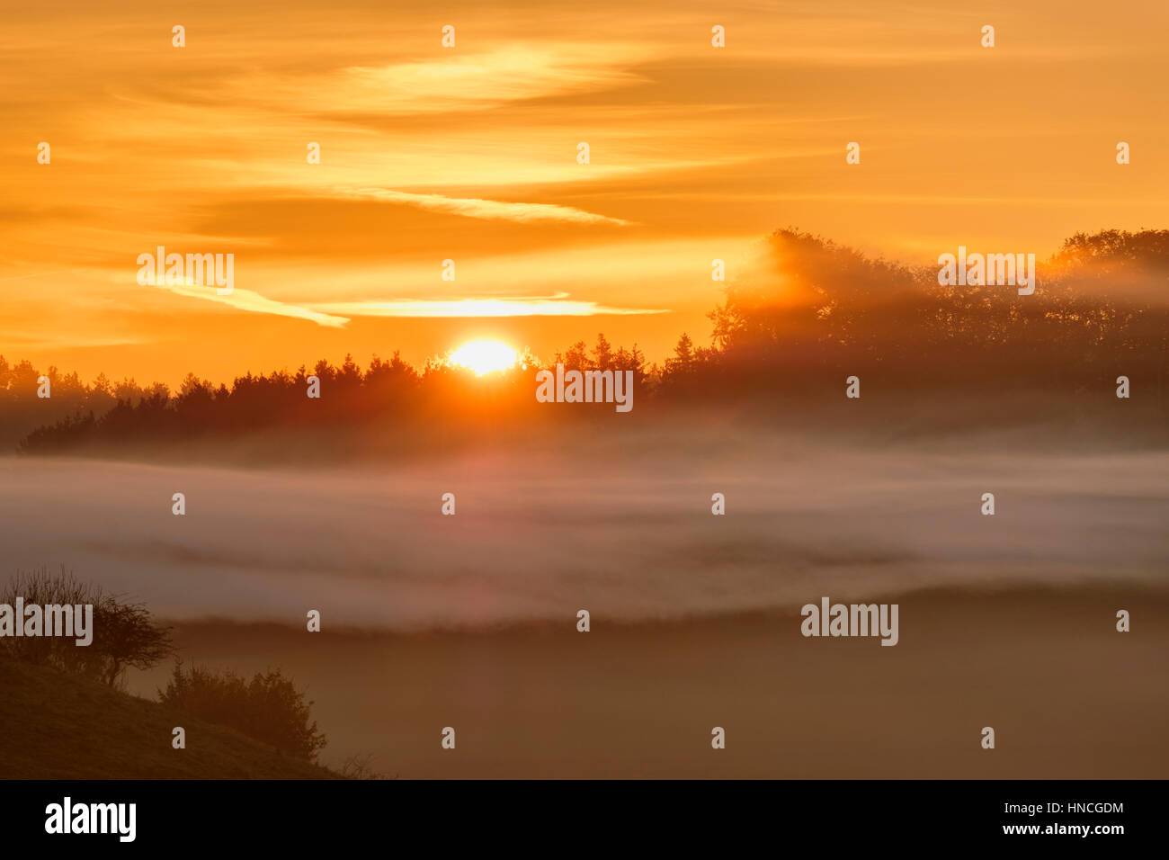 Sonnenaufgang, nebligen Atmosphäre, Bauersbach in der Nähe von Wielenbach, Fünfseenland, Upper Bavaria, Bavaria, Germany Stockfoto
