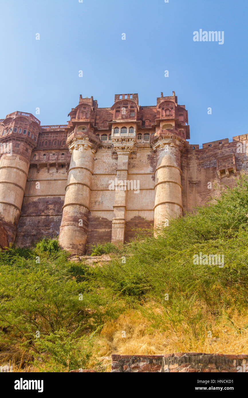 Türme und Mauern des Mehrangarh Fort in Jodhpur. Stockfoto