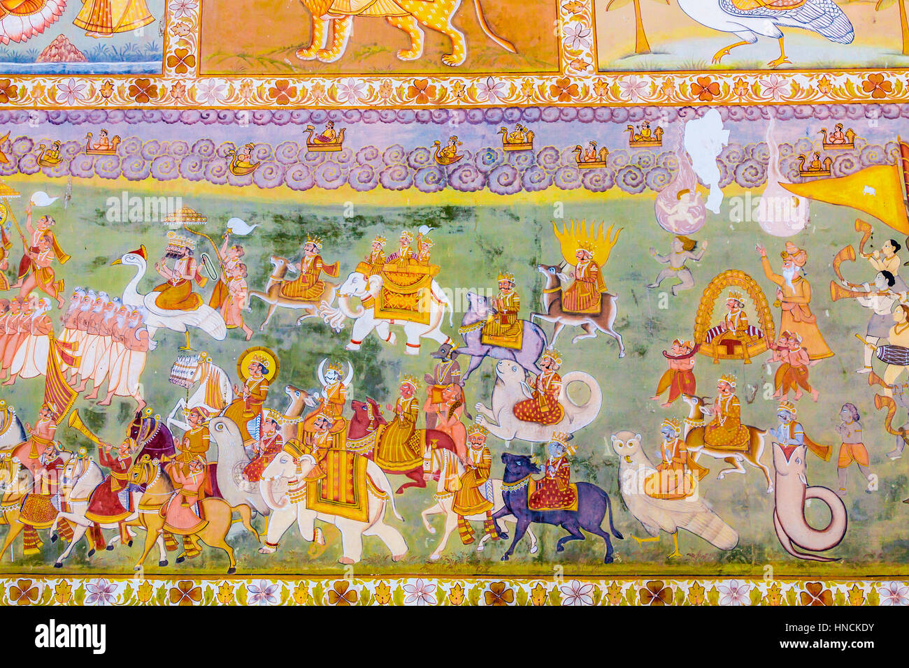 Ein Fresko außerhalb der Mehrangarh Fort Darstellung Götter aus der hinduistischen Mythologie. Stockfoto