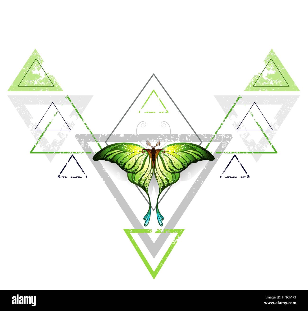 Geometrische, symmetrisches Muster mit grauen und grünen Dreieck, verziert mit Grün exotischer Schmetterling auf einem weißen Hintergrund. Tattoo-Stil. Grün. Tren Stock Vektor