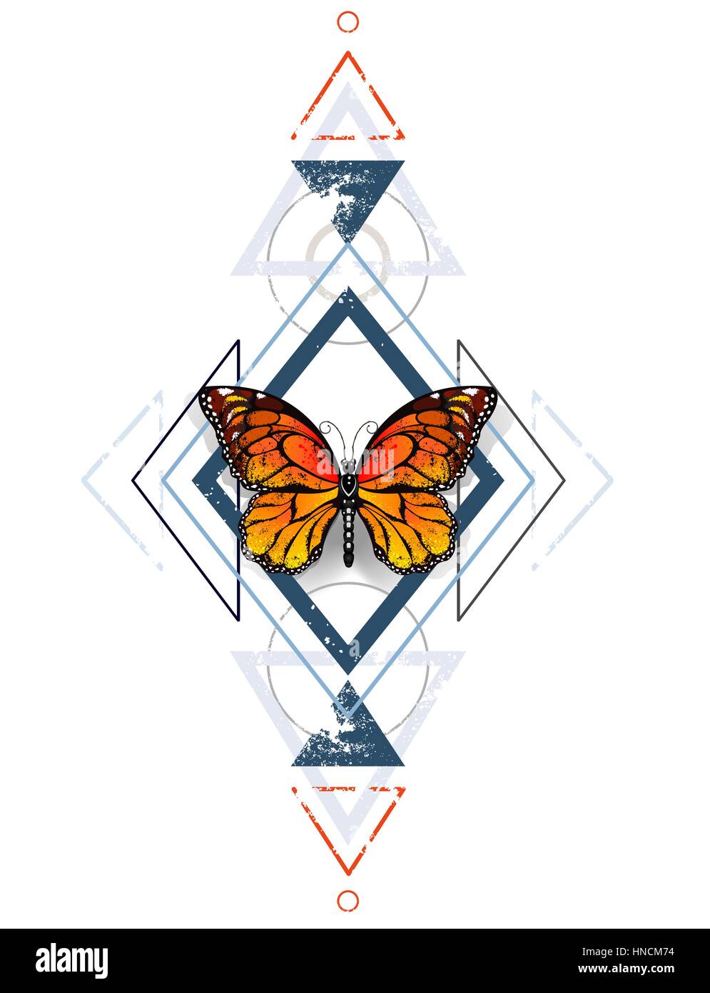 Symmetrische Muster von blauen Diamanten und grauen Dreiecke, dekoriert mit orange, exotische Monarchfalter auf weißem Hintergrund. Monarch. Gestalten Sie mit b Stock Vektor