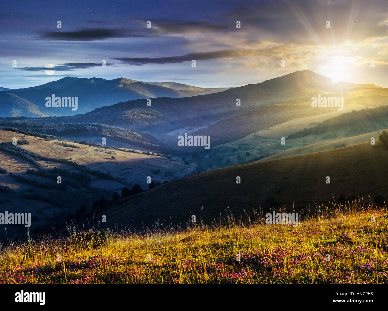 Tag und Nacht Zeit Veränderung der Landschaft mit lila herzhaften