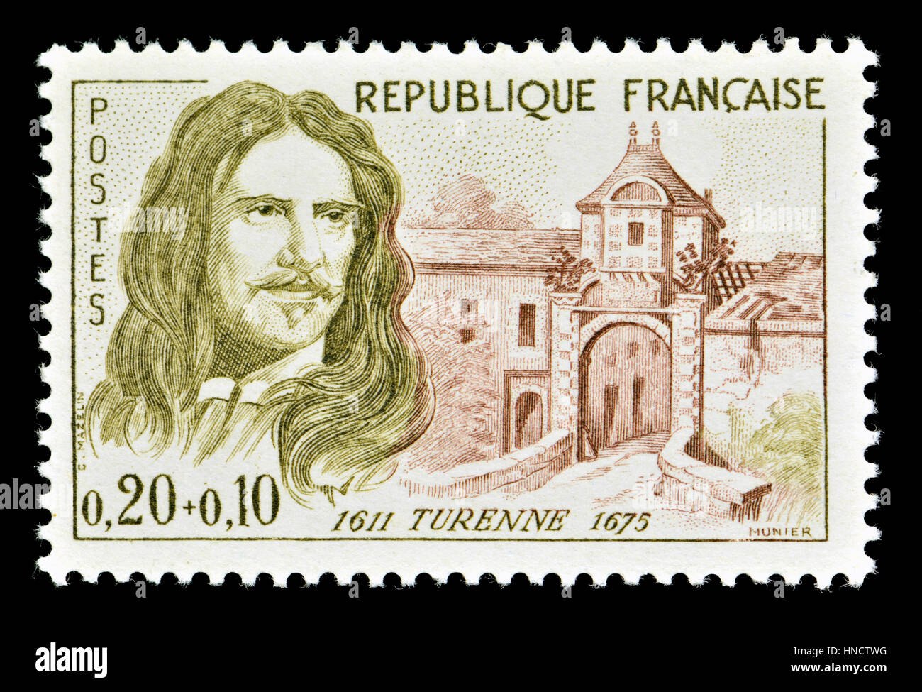 Französische Briefmarke (1960): Henri De La Tour d ' Auvergne, Vicomte de Turenne (1611-175) französischer Heerführer. 10c Zuschlag zugunsten des Roten Kreuzes Stockfoto