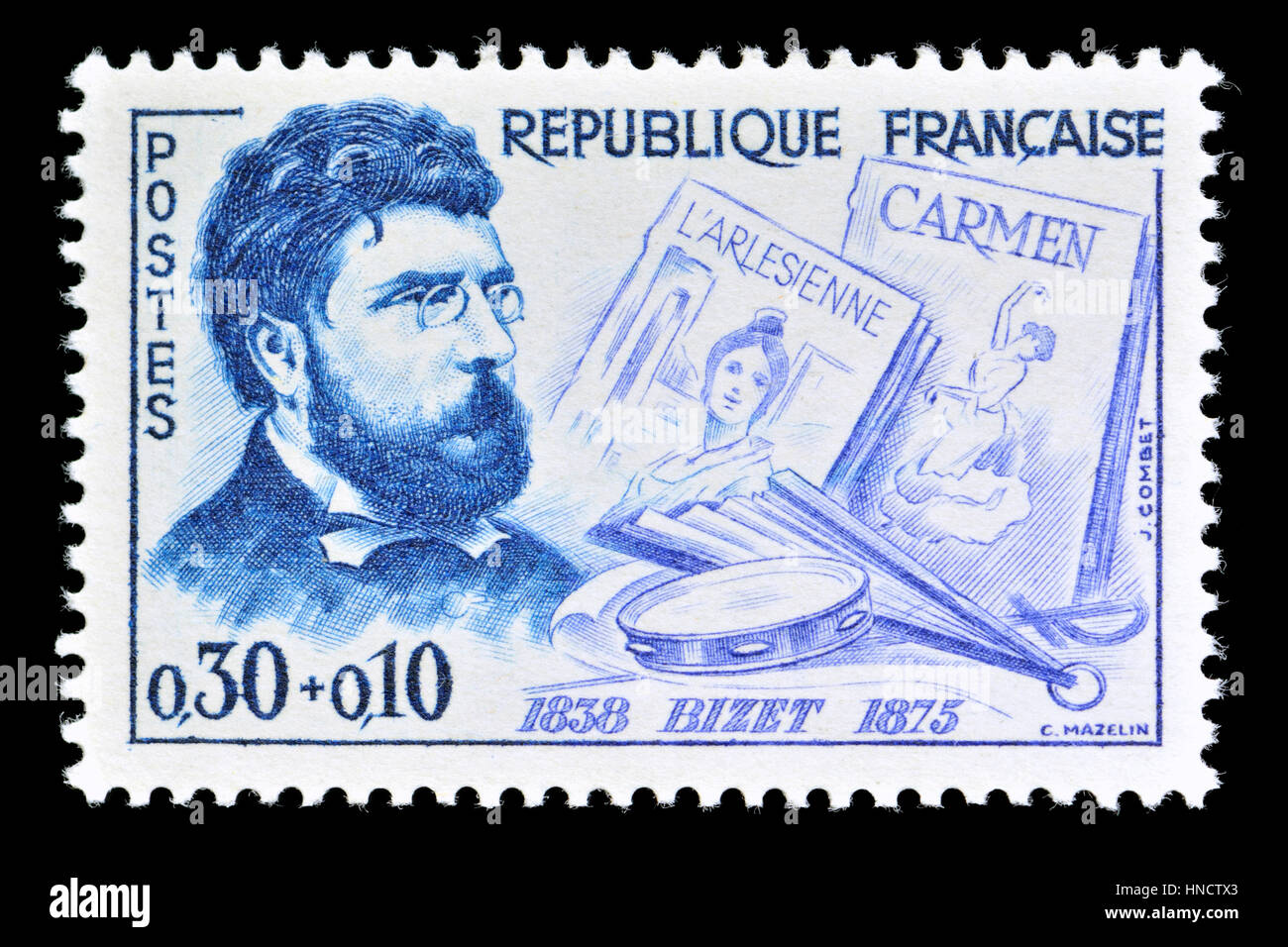 Französische Briefmarke (1960): Georges Bizet (1838-75) Französisch romantisch Komponist. 30c Zuschlag zugunsten des Roten Kreuzes-Fonds Stockfoto