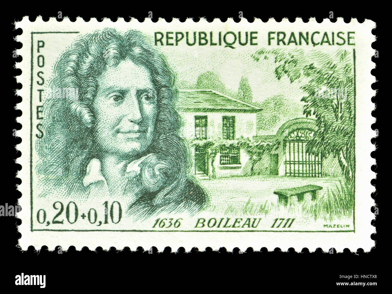 Französische Briefmarke (1960): Nicolas Boileau-Despréaux (1636-1711), französischer Dichter und Kritiker. 10c Zuschlag zugunsten des Roten Kreuzes-Fonds Stockfoto