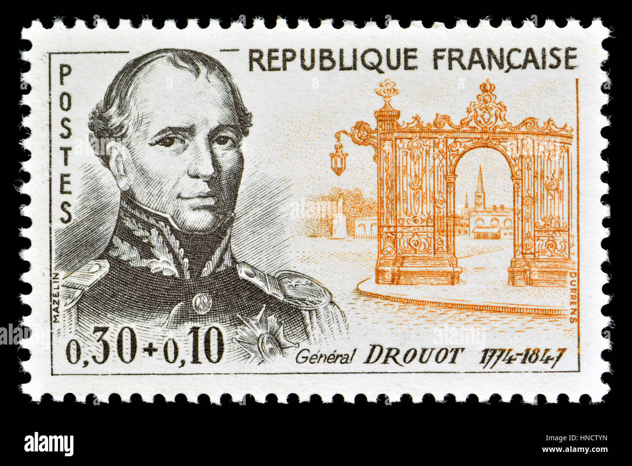 Französische Briefmarke (1961): General Antoine Drouot, Comte Drout (774 – 1847), französischer Offizier, die in den französischen revolutionären und napoleonischen Kriege gekämpft Stockfoto