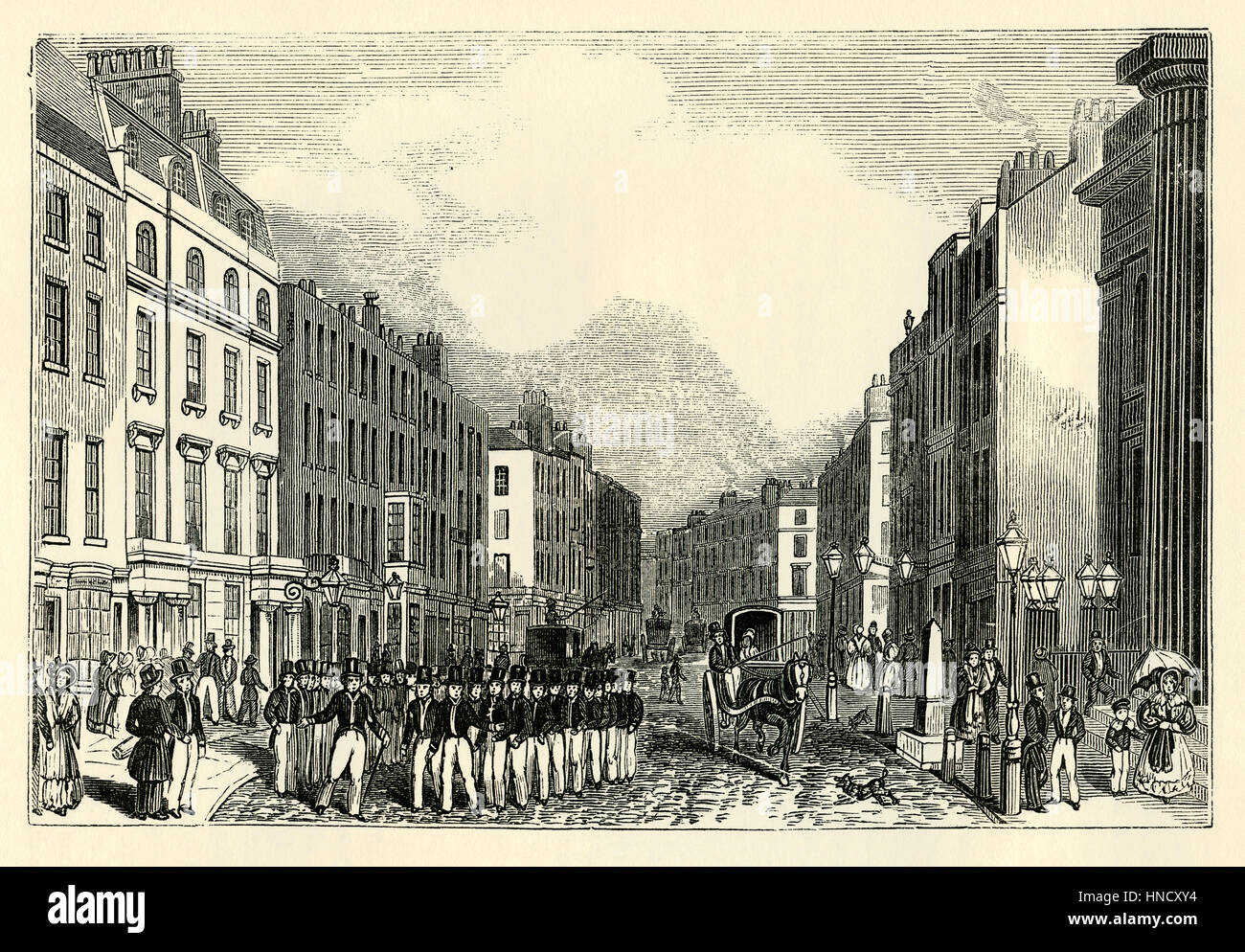 Bow Street und Bow Street Runners (frühe Polizisten), Covent Garden, London – eine alte Gravur c. 1800 Stockfoto