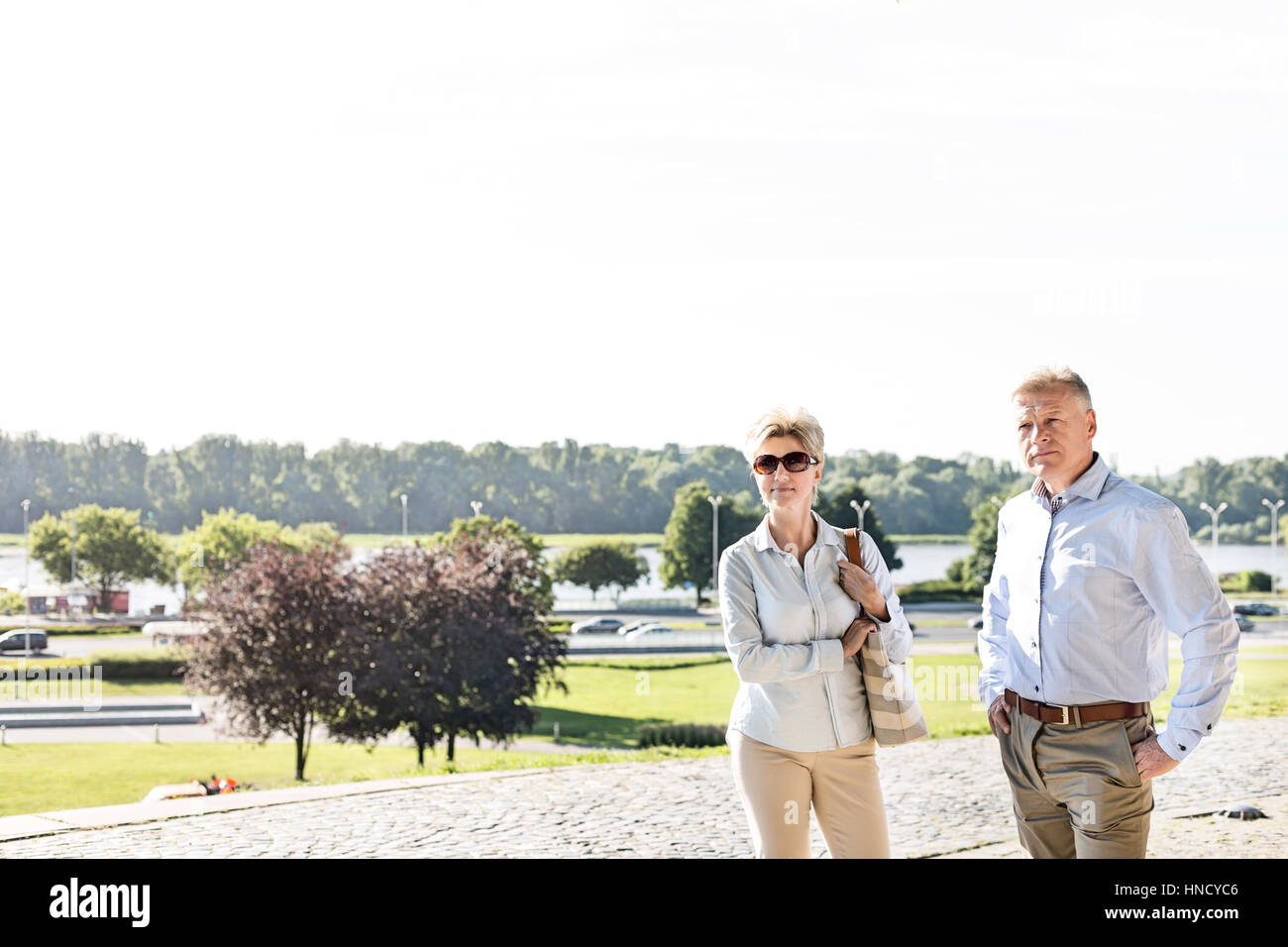 Sicher Paar mittleren Alters stehen im Park gegen den klaren Himmel Stockfoto