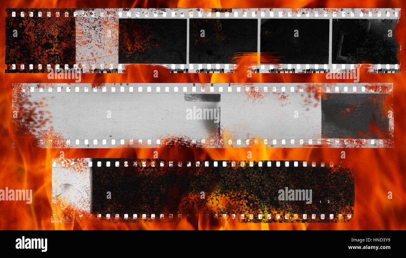 Brennende schmutzig, chaotisch und beschädigte Streifen Zelluloid-film Stockfoto