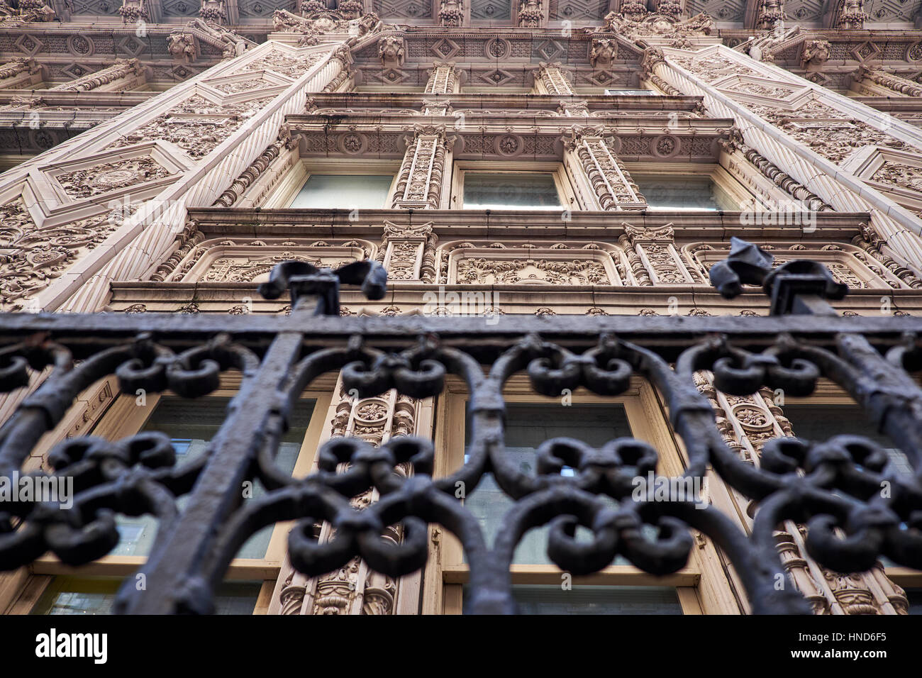 Nahaufnahme einer Terrakotta-Fassade im französischen Renaissance-Stil mit aufwendigen Dekorationen rund um die Fenster an einem Gebäude in New York City Stockfoto