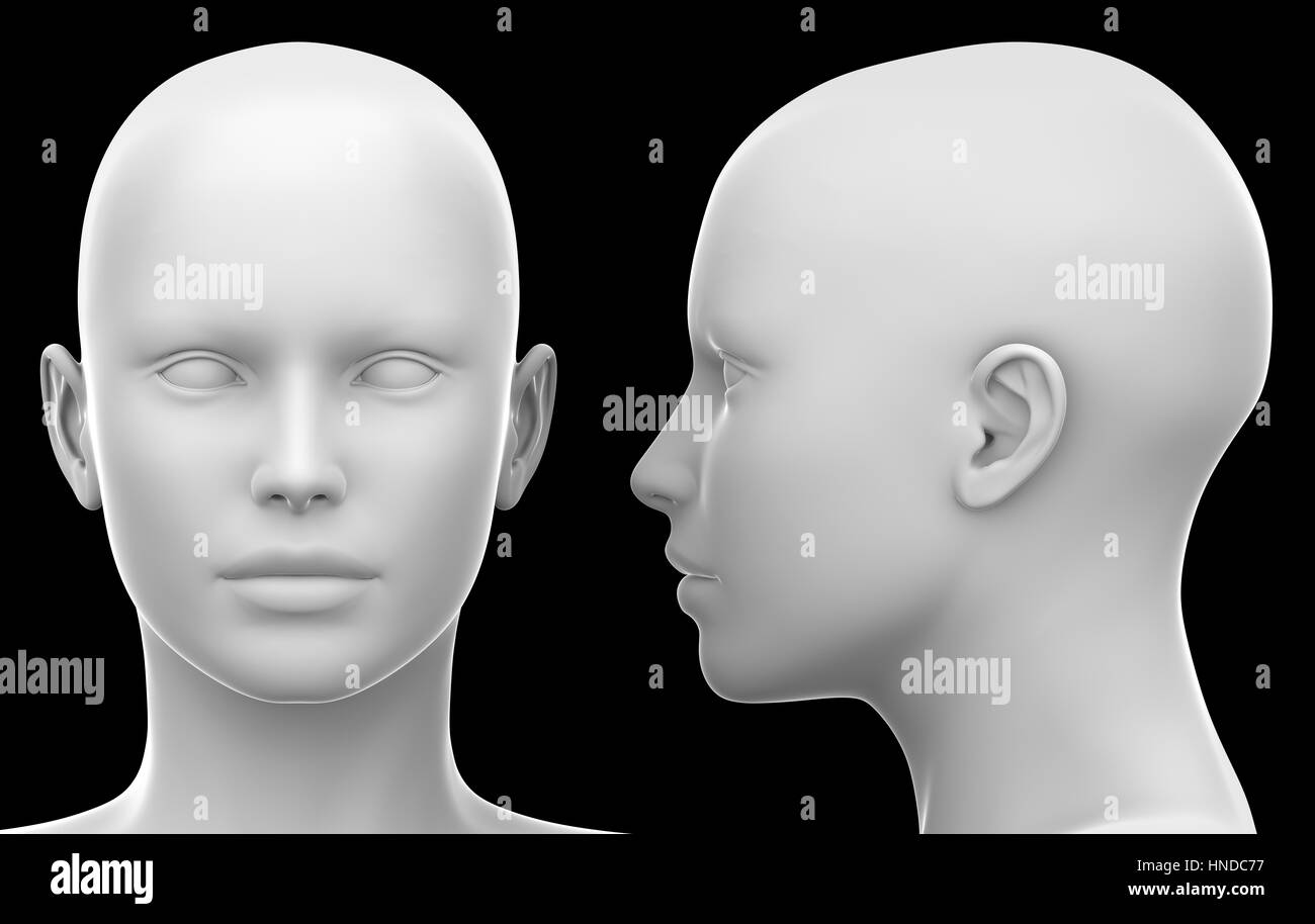 Zeigen Sie leere weiße Frauenkopf - seitlich und vorne isoliert auf Schwarz 3D Illustration an Stockfoto