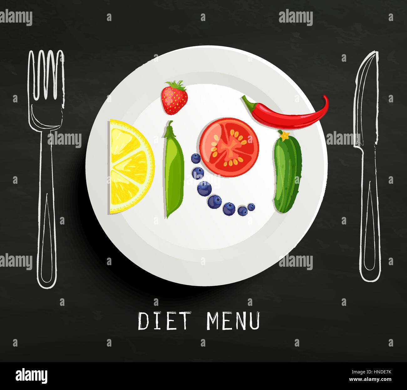 Das Konzept der Ernährung, Ernährung, gesunde Lebensweise - eine Platte mit dem Wort Ernährung mit Obst, Gemüse, Beeren an die Tafel. Vektor-Design. Stock Vektor