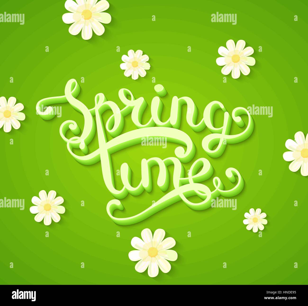 Frühling Typografie Titelkonzept in 3D mit langen Schatten dekoriert mit Blumen auf grünen Hintergrund. Realistische Vektor-Illustration Stock Vektor