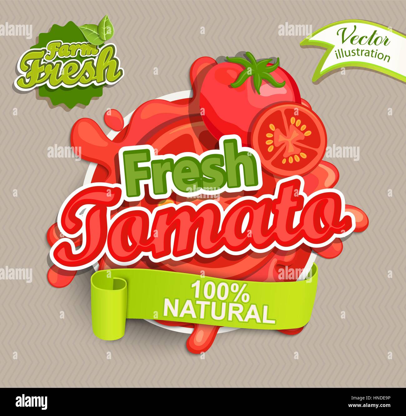 Frische Tomaten Logo Schriftzug Typografie Essen Beschriftung oder Aufkleber. Bauernmarkt, Bio-Lebensmittel, natürliches Produktdesign Konzept. Vektor-Illustration. Stock Vektor