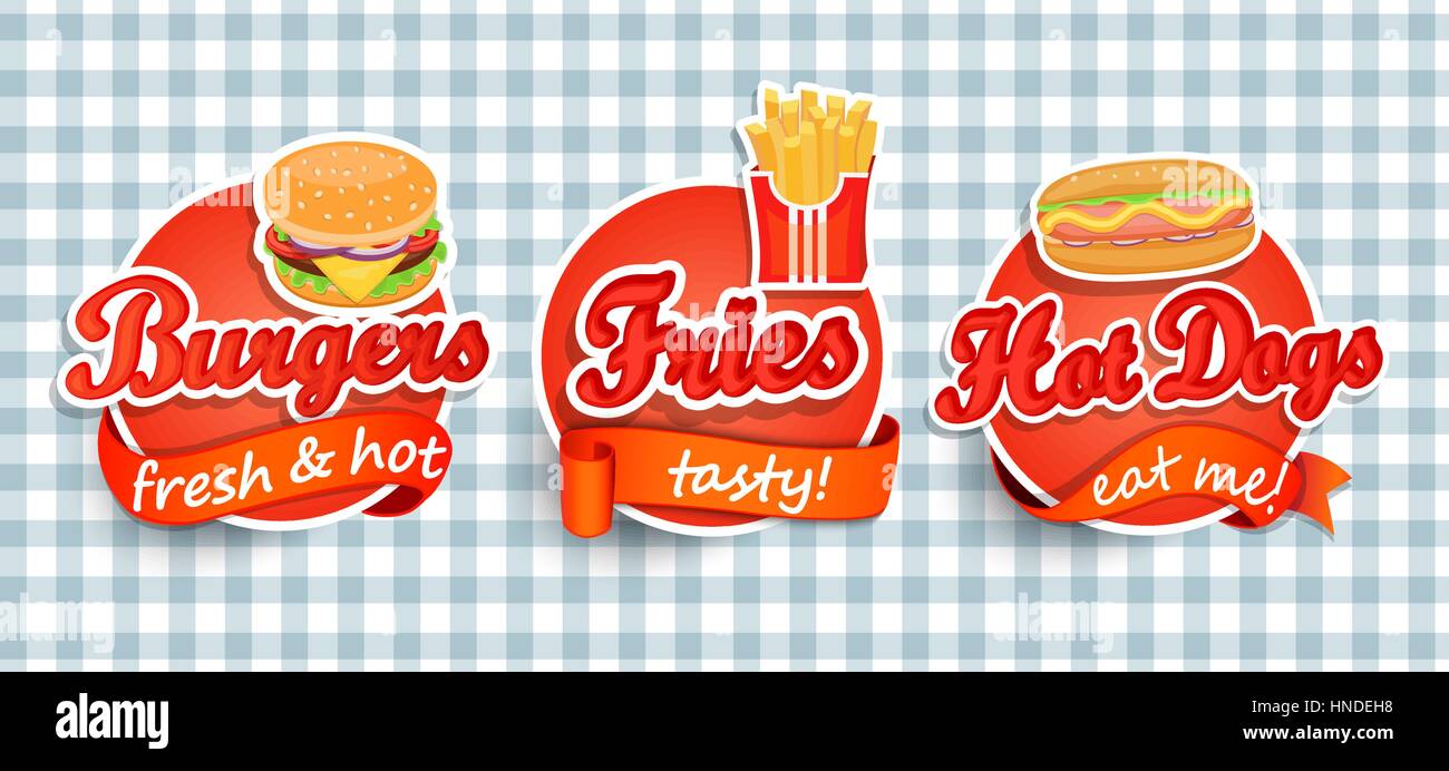 Fast-Food-Label oder Sticer - Burger, Pizza, Hotdog, Pommes - Design-Vorlage. Vektor-Illustration. Stock Vektor