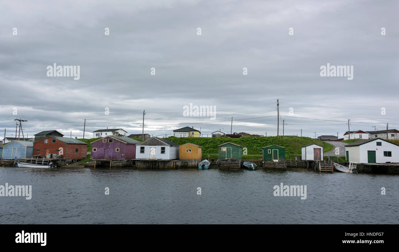 Angeln, Bühnen, Fisch-Hütten und Boote, Parson es Teich, Neufundland Stockfoto