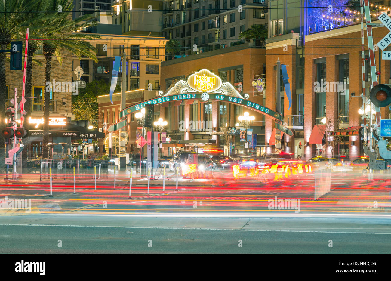 Gaslamp Quarter Leuchtreklame. Die Innenstadt von San Diego, Kalifornien, USA. Stockfoto