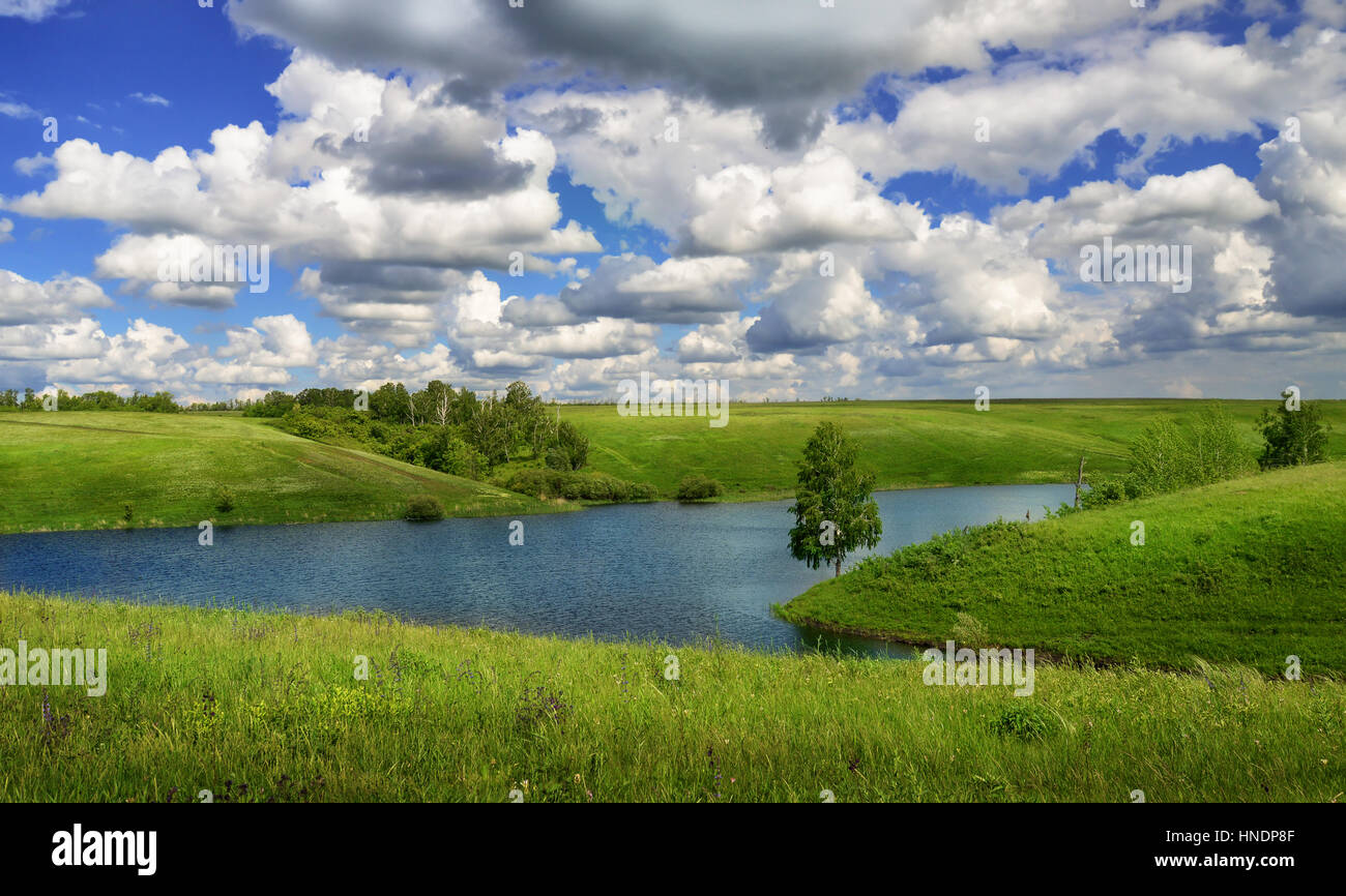 Sommerlandschaft mit Fluss und Wiesen am sonnigen Tag Stockfoto
