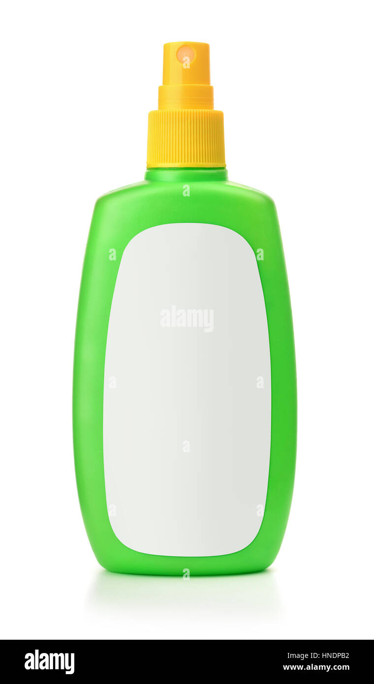 Grün Kunststoff Sprühflasche mit leeres Etikett isoliert auf weißem Stockfoto