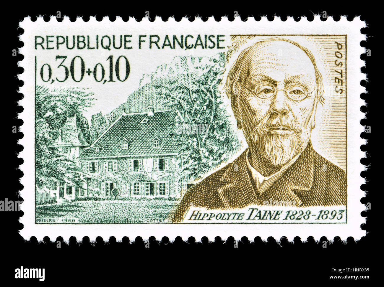 Französische Briefmarke (1966): Hippolyte Adolphe Taine (1828 – 1893), französischer Kritiker und Historiker.   10c Zuschlag zugunsten des Roten Kreuzes-Fonds Stockfoto