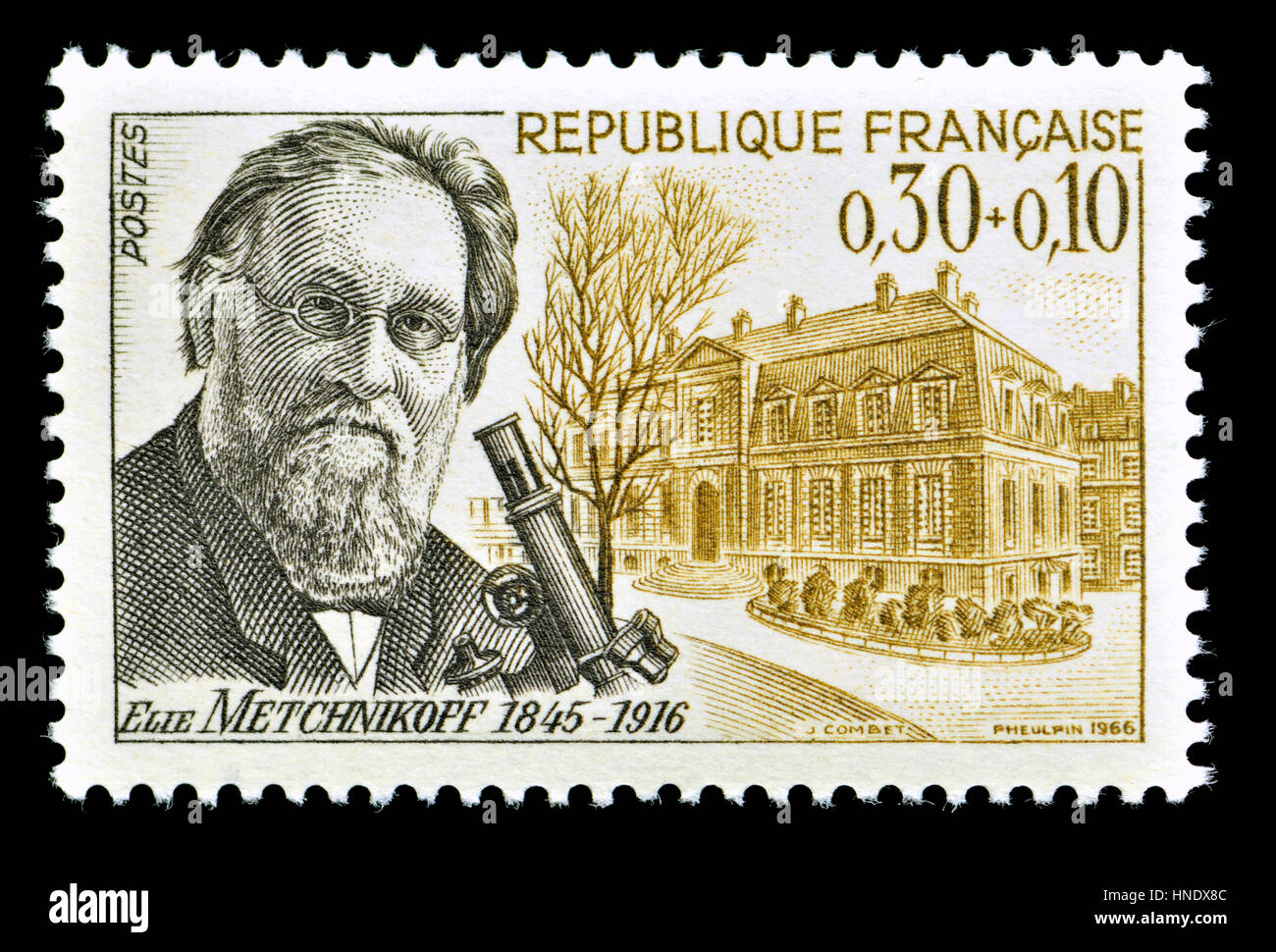 Französische Briefmarke (1966): Ilya Ilyich Mechnikov / Élie Metchnikoff (1845 – 1916) russischer Zoologe am besten bekannt für seine bahnbrechende Forschung in Immuno Stockfoto
